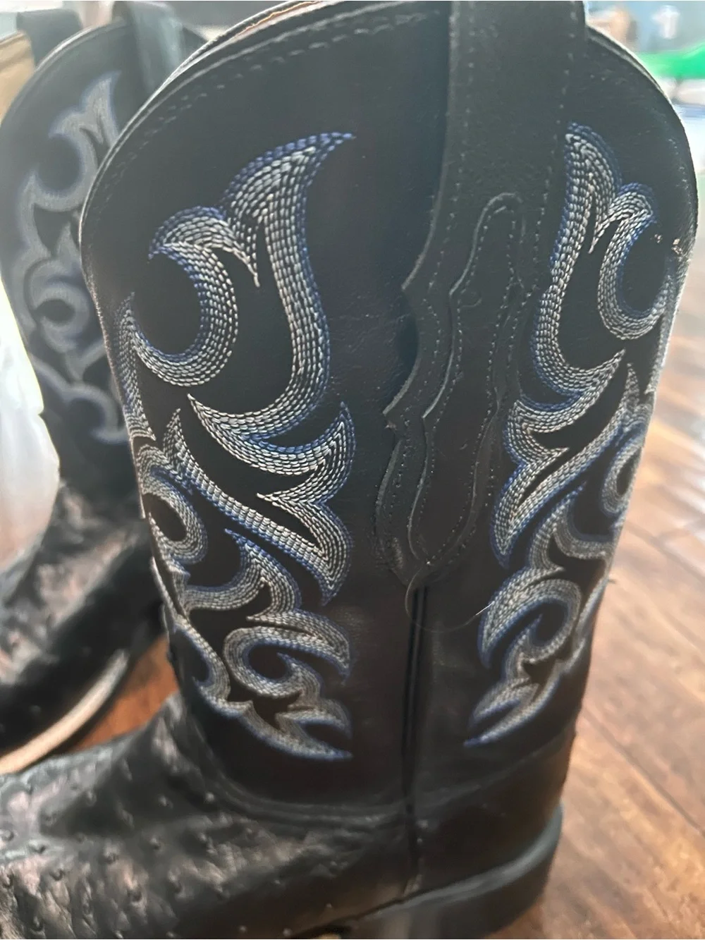 Justin Black Ostrich Leather Square Toe Cowboy Boots - Picture 2 of 5